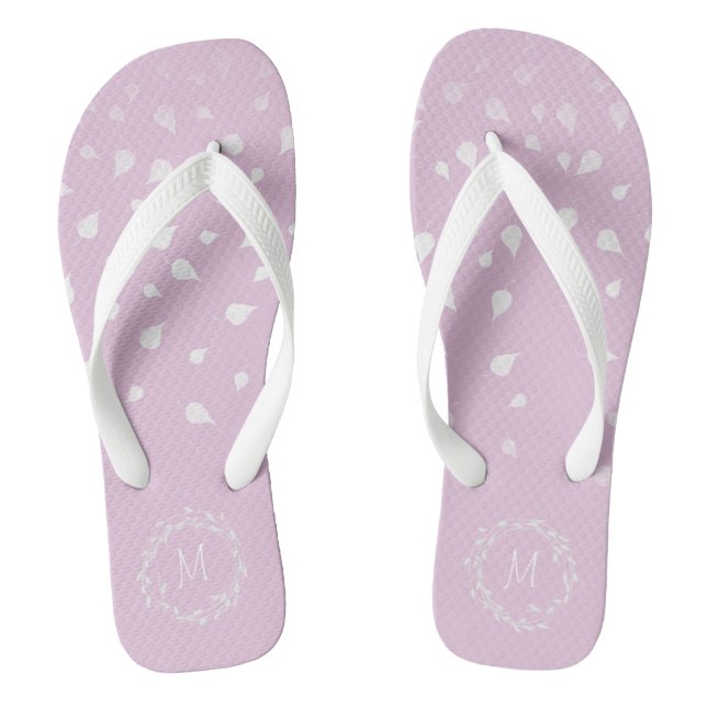 Lila Purple White Confetti Leafs Silver Monogram Jandals (Footbed)