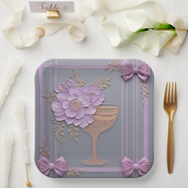 Lilac 3D Effect Flowers & Rose Gold Lace Paper Plate (Wedding)