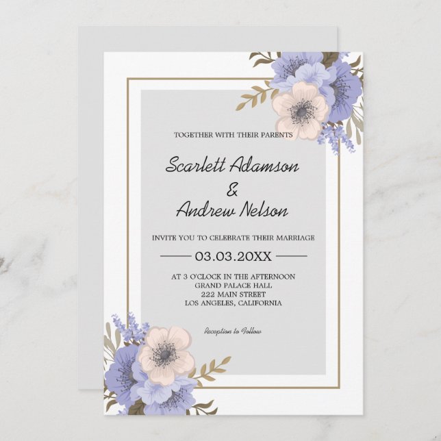 Lilac And Beige Flowers Wedding Invitation (Front/Back)