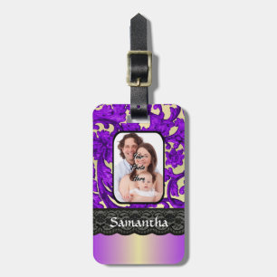 Lilac and black damask lace luggage tag