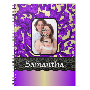 Lilac and black damask lace spiral notebook