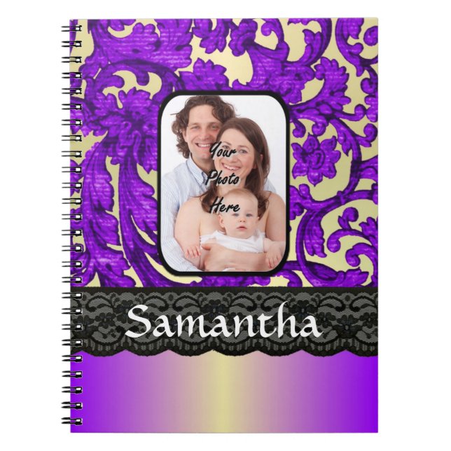 Lilac and black damask lace spiral notebook (Front)