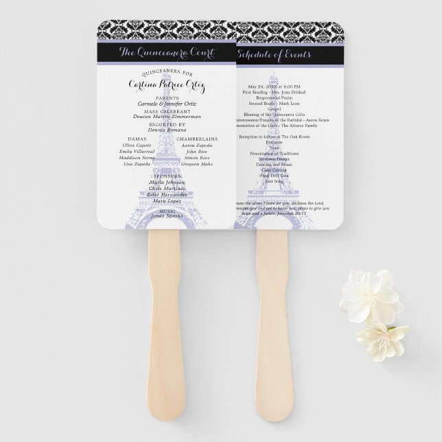Lilac and Black Paris Quinceanera Program Hand Fan (Front and Back)