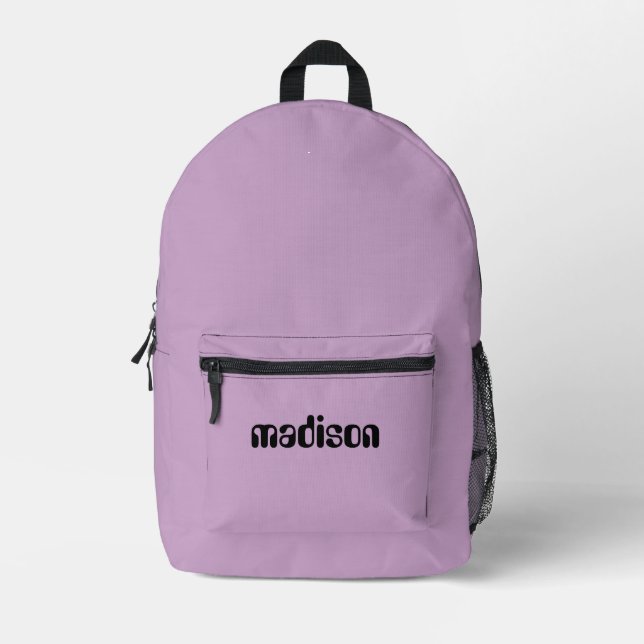Lilac and Black Personalised Name  Printed Backpack (Front)