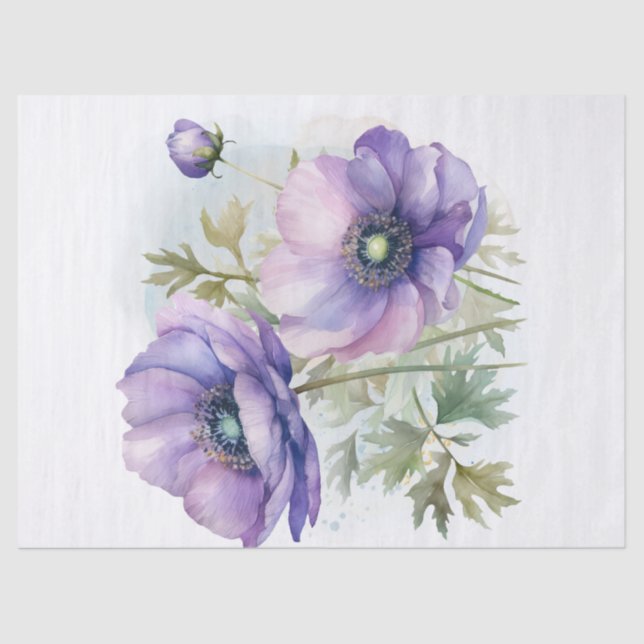 Lilac and Blue Anemone Flower Watercolor Tissue Paper (Front)
