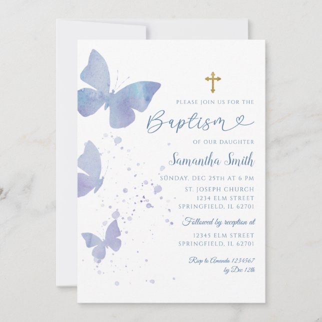 Lilac and Blue Minimalist Butterfly Baptism Invitation (Front)
