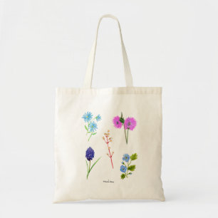 Lilac and blue wildflowers in watercolour. tote bag