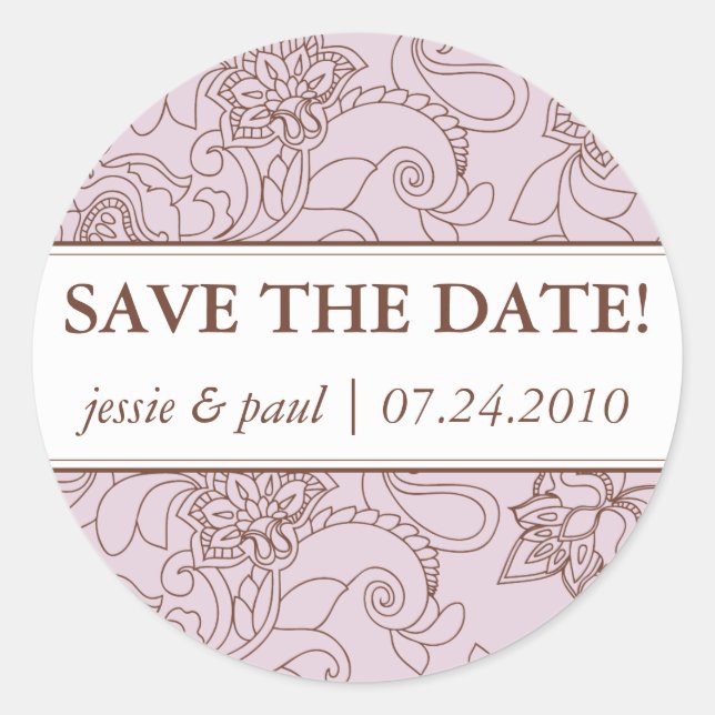 Lilac and Brown Paisley Save the Date Sticker (Front)