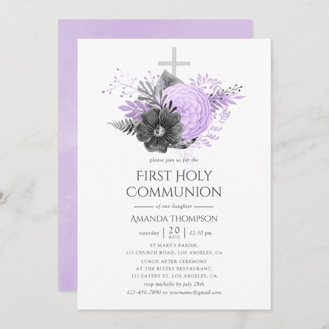 Lilac and Charcoal Floral First Holy Communion Invitation (Front/Back)