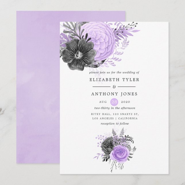 Lilac and Charcoal Floral Wedding Invitation (Front/Back)