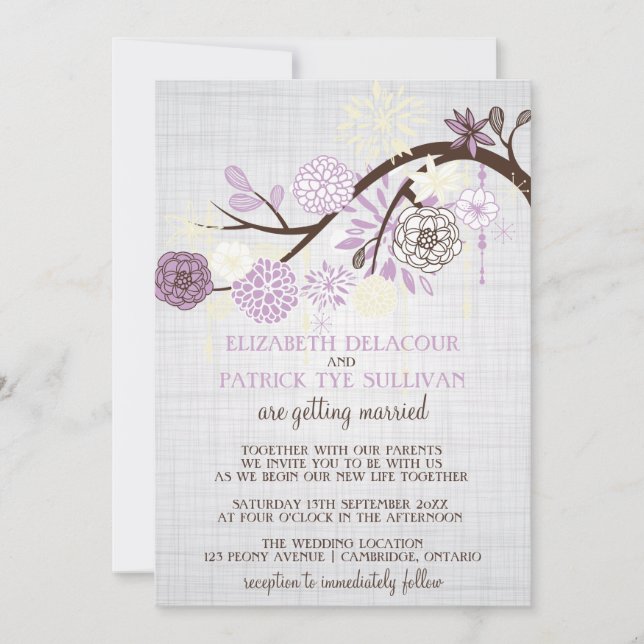 Lilac and Cream Flowers Rustic Wedding Invitation (Front)