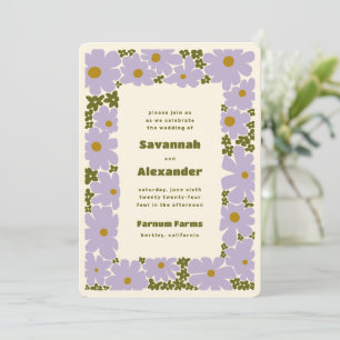 Lilac and Forest Green Groovy Blooms Boho Wedding Invitation