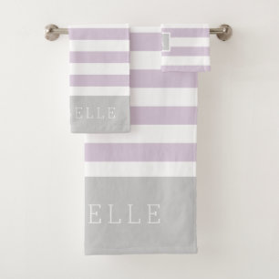 Lilac and Grey Stripes Monogram Editable Colours Bath Towel Set