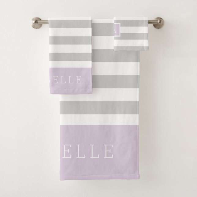 Lilac and Grey Stripes Monogram | Editable Colours Bath Towel Set (Insitu)