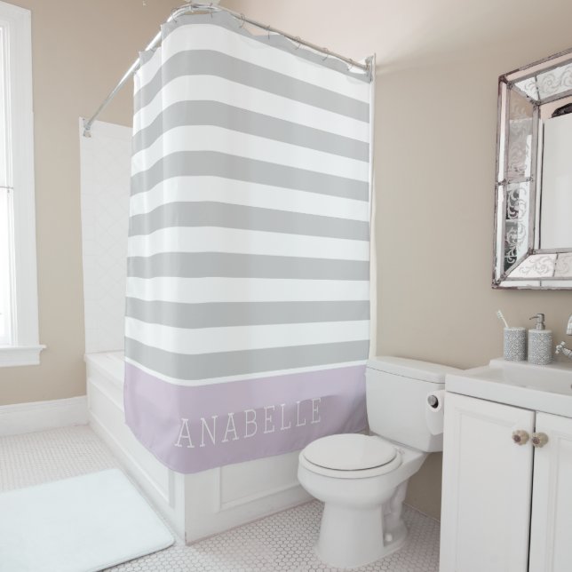 Lilac and Grey Stripes Monogram | Editable Colours Shower Curtain (In Situ)