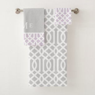 Lilac and Grey Trellis Monogram   Editable Colours Bath Towel Set