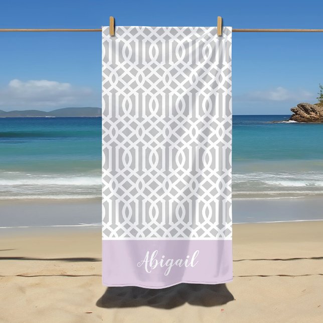 Lilac and Grey Trellis Monogram | Editable Colours Beach Towel (Creator Uploaded)