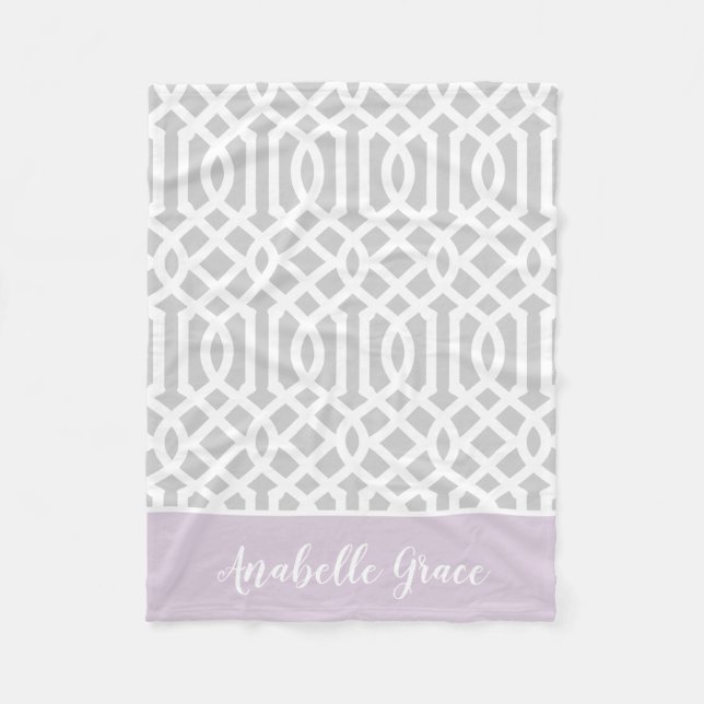 Lilac and Grey Trellis Monogram | Editable Colours Fleece Blanket (Front)