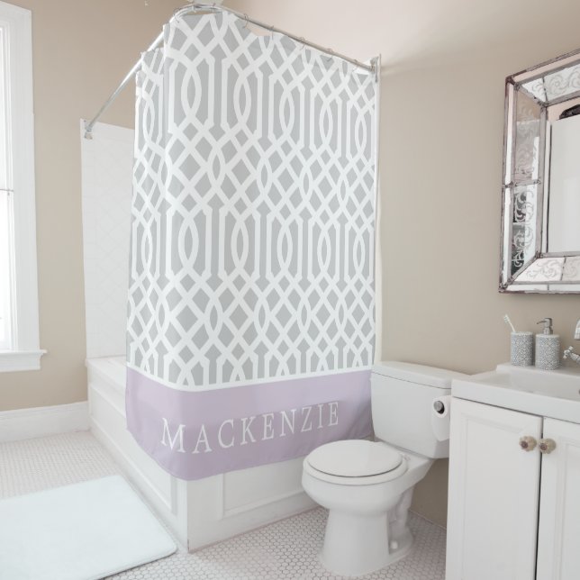 Lilac and Grey Trellis Monogram | Editable Colours Shower Curtain (In Situ)