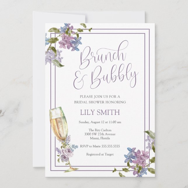 Lilac and Lavender Brunch and Bubbly Bridal Shower Invitation (Front)