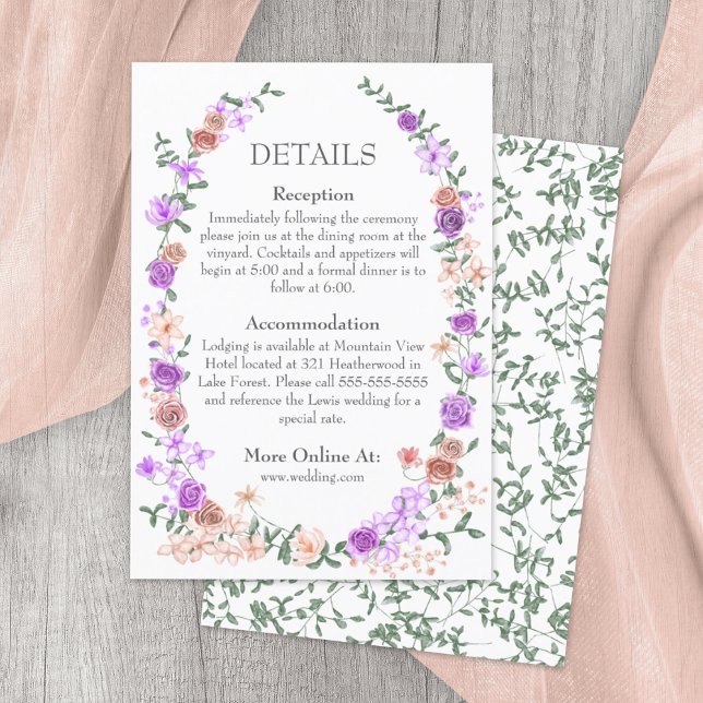 Lilac and Peach Rose Garden Vine Wedding Details Enclosure Card (lilac, purple, peach mixed floral patterns, rose vines, bouquets wedding details info enclosure card)