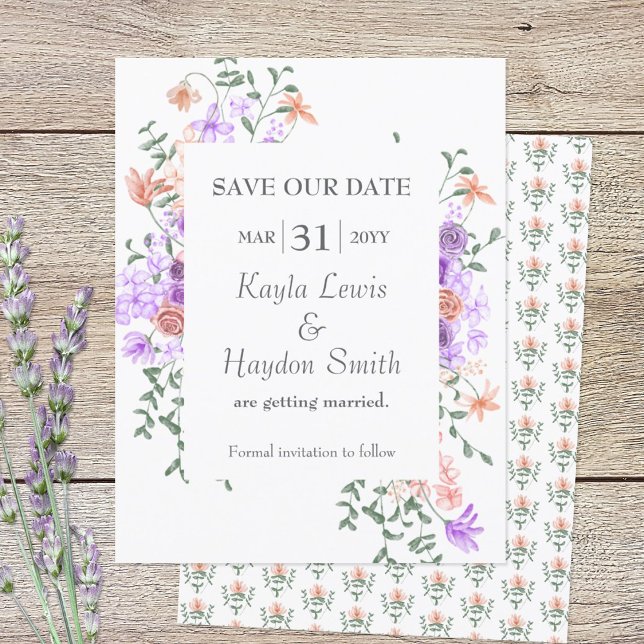 Lilac and Peach Roses Wedding Save the Date Invitation (lilac and peach SAVE OUR DATE wedding announcement)