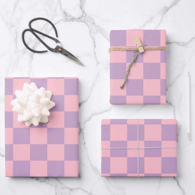 Lilac and Pink Chequerboard Wrapping Paper Sheet (Front)
