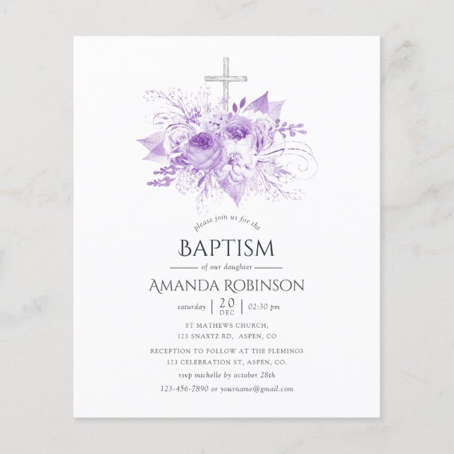 Lilac and Silver Floral Baptism or Christening Flyer (Front)