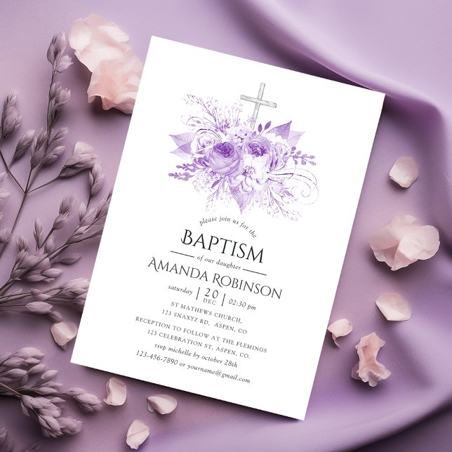 Lilac and Silver Floral Baptism or Christening Invitation (Creator Uploaded)