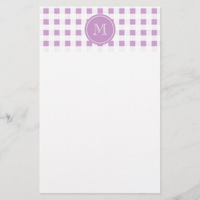 Lilac and White Gingham, Your Monogram Stationery (Front)