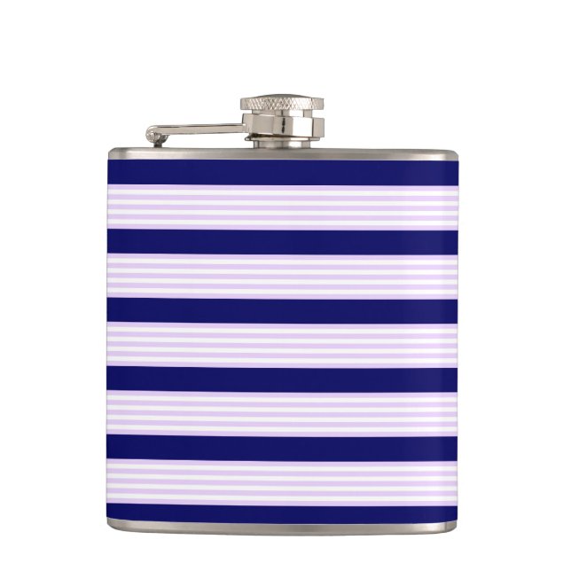 Lilac and white stripes pattern with navy blue hip flask (Front)