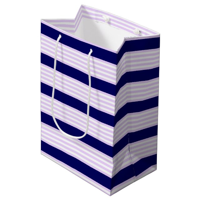 Lilac and white stripes pattern with navy blue medium gift bag (Front Angled)