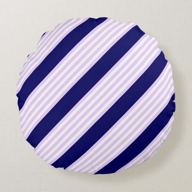Lilac and white stripes pattern with navy blue round cushion (Front)