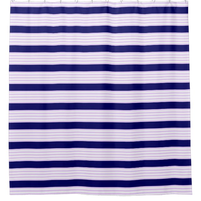 Lilac and white stripes pattern with navy blue shower curtain (Front)