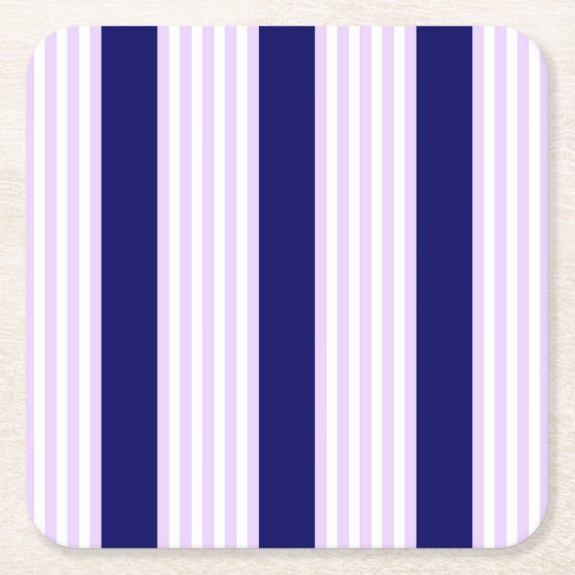 Lilac and white stripes pattern with navy blue square paper coaster (Front)