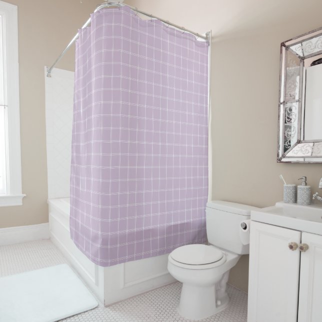 Lilac and White Windowpane Check Shower Curtain (In Situ)