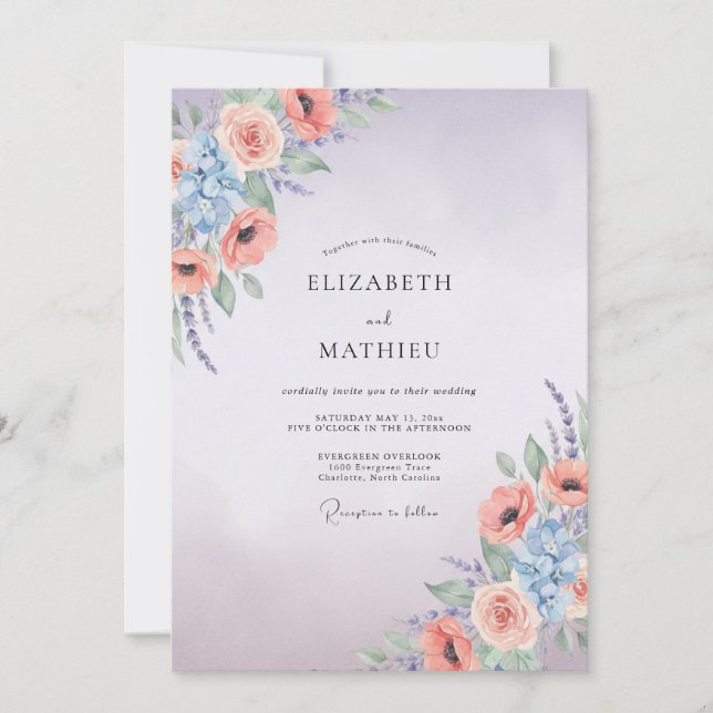 Lilac Apricot Ranunculus Eucalyptus Wedding Invitation (Front)