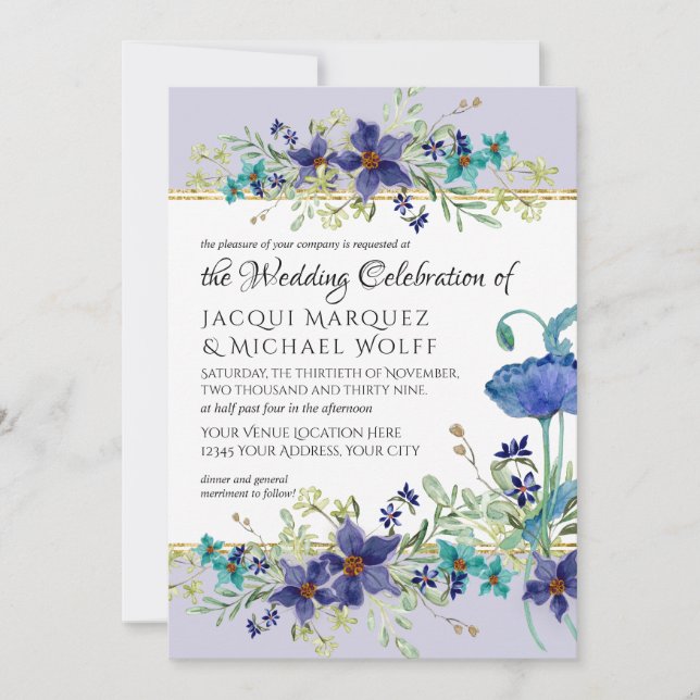 Lilac Aqua Blue Watercolor Poppy Floral Wedding Invitation (Front)