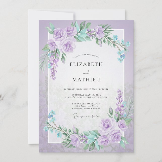 Lilac Aqua Ranunculus Grey Eucalyptus Wedding Invitation (Front)