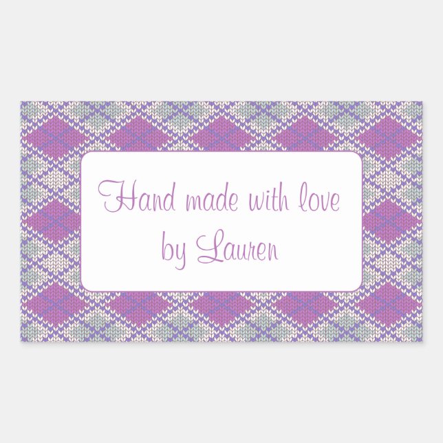 LILAC ARGYLE KNIT Rectangle "Hand Made" Stickers (Front)
