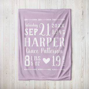 Lilac Baby Girl Birth Stats Editable Colours Fleece Blanket