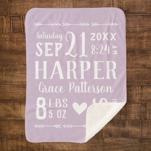 Lilac Baby Girl Birth Stats   Editable Colours Sherpa Blanket