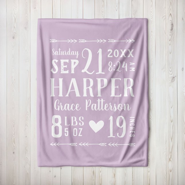Lilac Baby Girl Birth Stats Keepsake Fleece Blanket (Creator Uploaded)