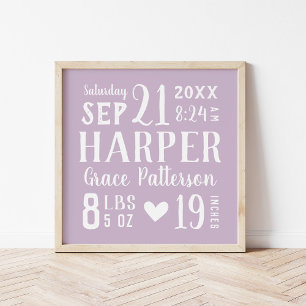 Lilac Baby Girl Birth Stats Keepsake Poster