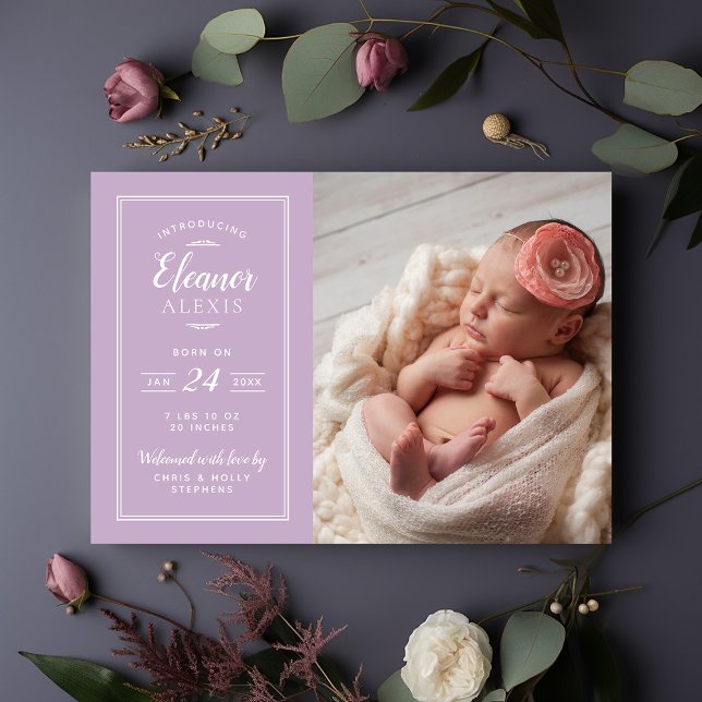 Lilac Baby Girl Magnetic Photo Birth Announcement (Creator Uploaded)