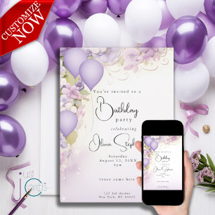 Lilac Balloons and Flowers QR Birthday Invitation