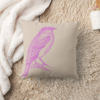 Lilac Bird Illustration Tan Throw Pillow