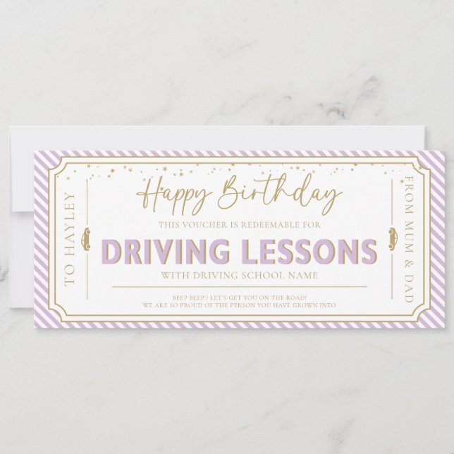 Lilac Birthday Driving Lessons Gift Voucher Card (Front)
