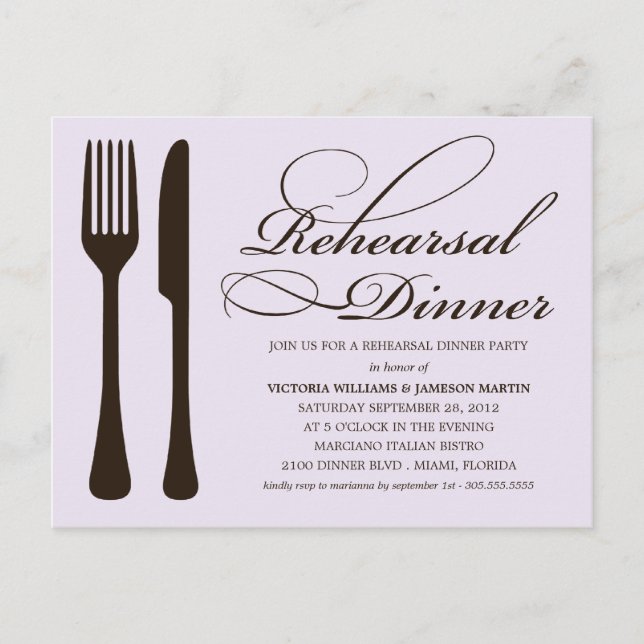 LILAC & BLACK FLATWARE | REHEARSAL DINNER INVITATION POSTCARD (Front)