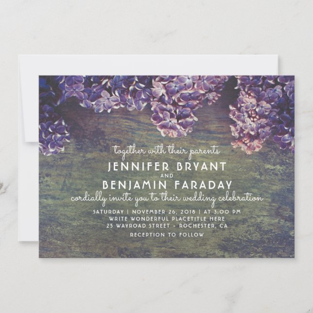 Lilac Blooming Branches Rustic Wood Wedding Invitation (Front)